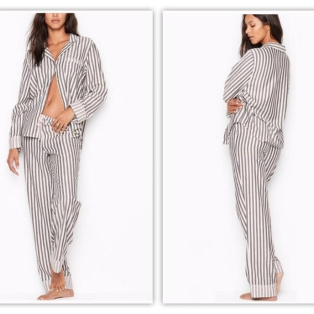 Victoria's Secret Gray and White Striped Button-Down Pajama Set